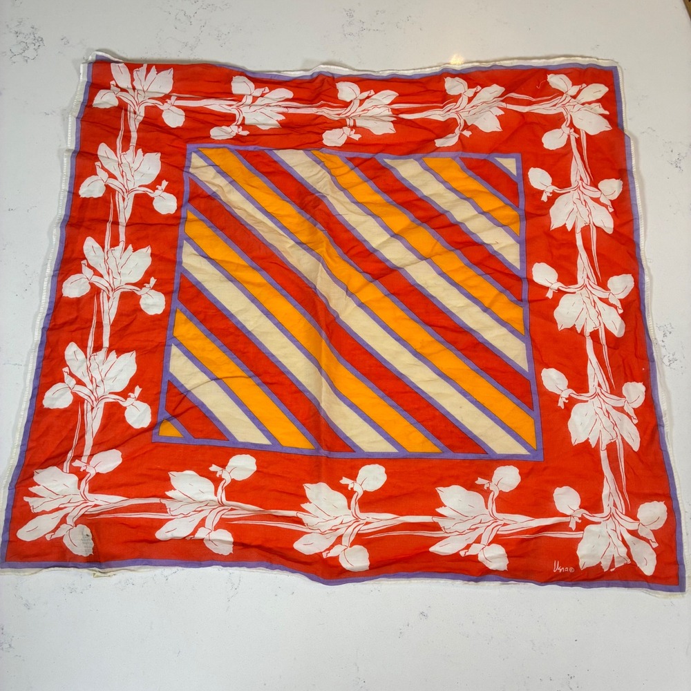 Vtg Vera Scarf Floral Striped Cotton Square Bandana MCM Retro Boho Designer